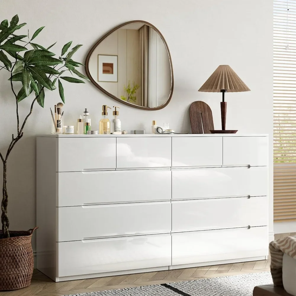 10 Drawer Dresser, White Dresser for Bedroom,High Gloss Modern Dresser & Chest of Drawers,55