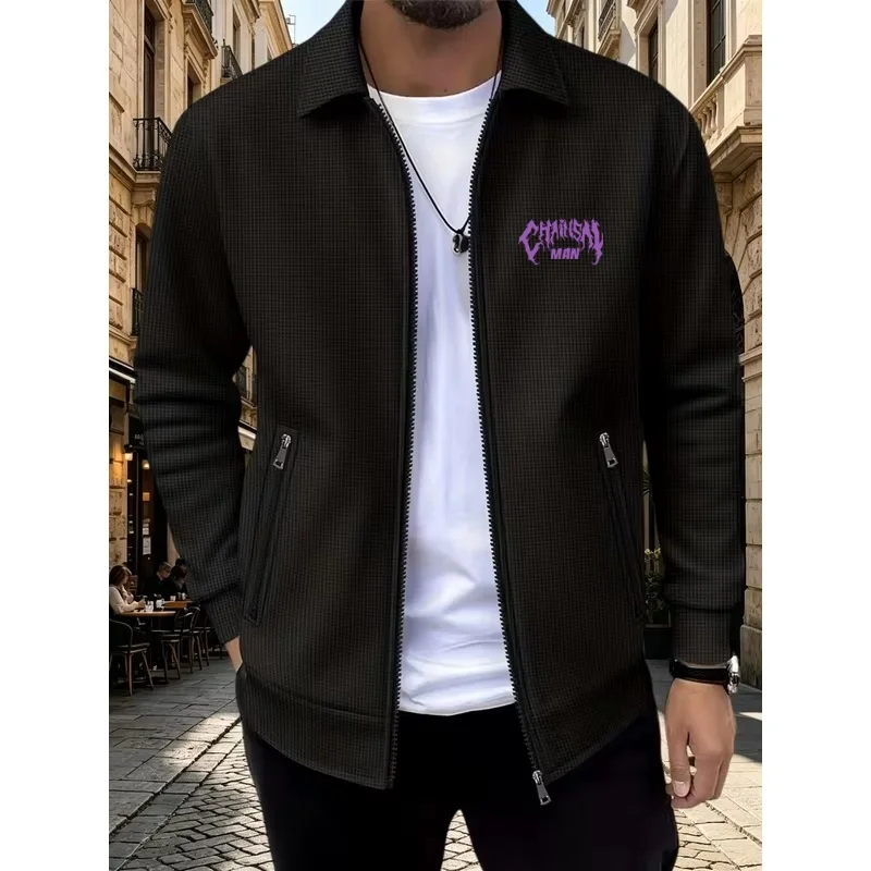Chaqueta de punto con cuello de solapa para hombre, ideal para primavera y otoño, con cremallera completa, diseño gótico con letras, bolsillos laterales con cremallera y estilo casual.