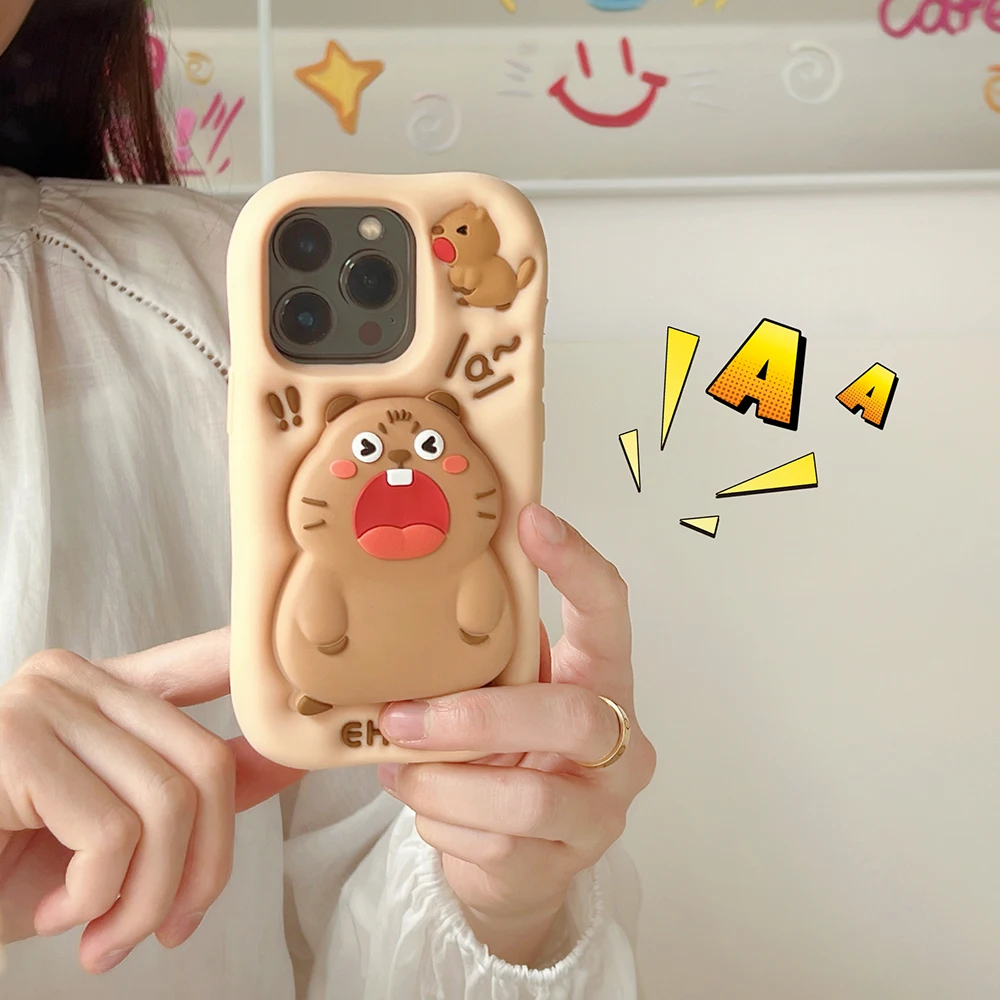 Lustige 3D-Tiere Capybara Teleskophalterung Hülle für iPhone 16 Plus 15 14 13 11 12 Pro Max Weiche Silikon-Ständerhalter-Abdeckung – Detail 3