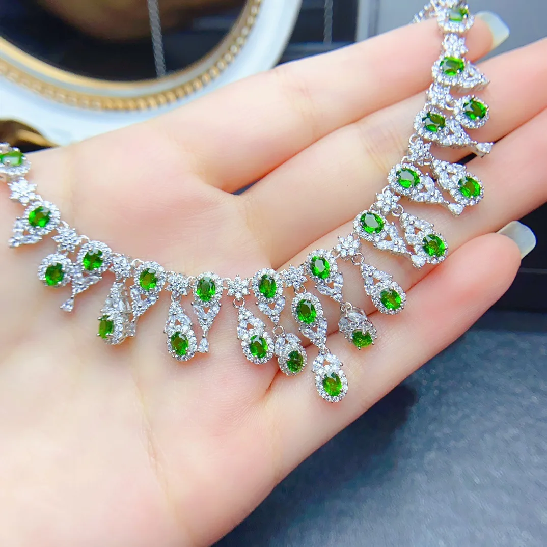 

3*4mm Natural Diopside Necklace, S925 Sterling Silver Gemstone Pendant, Elegant Green Jewelry for Women, Daily Wear Gift