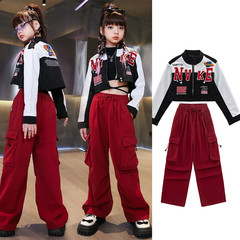 女の子のためのヒップホップダンス服,短いジャケット,赤いカーゴパンツ,ストリートダンスパフォーマンス,パーティー衣装,dl11076