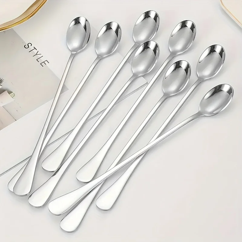 5pcs Stainless Steel Long Handle Ice Tea Spoon, Coffee Spoon, Ice Cream Stirring Spoon, Dishwasher Safe, Kitchen Accessories