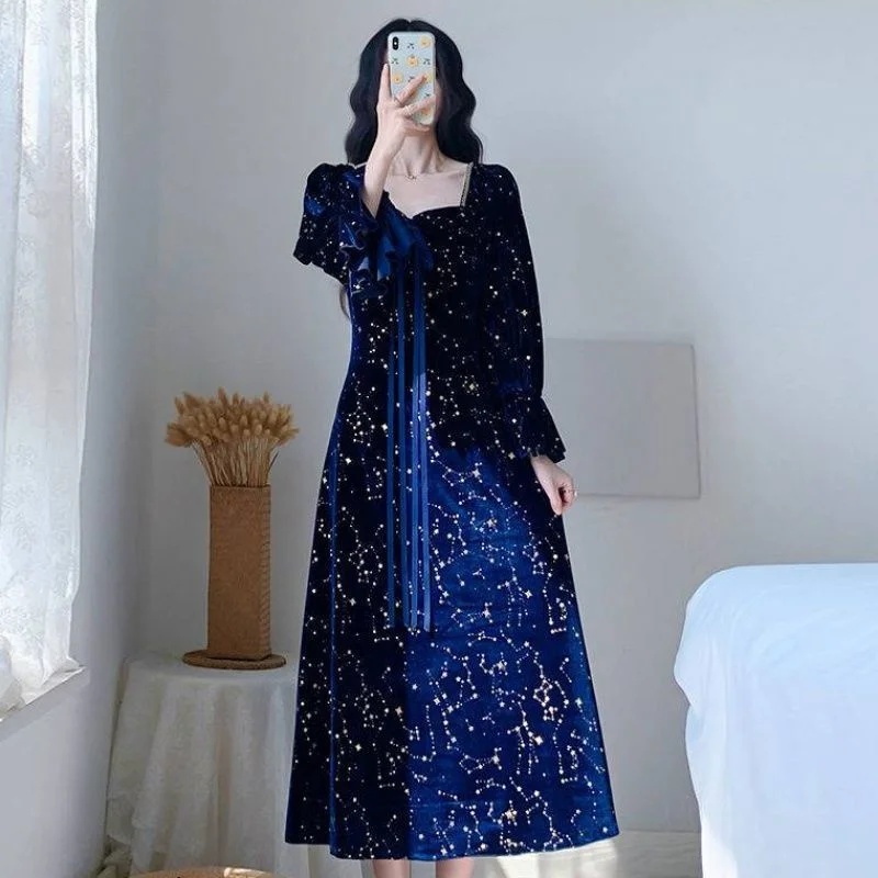 2023 Autumn Winter Women\'s New French Square Neck Gold Velvet Blue Dress Female Mid length Palace Style Temperament Small Dress