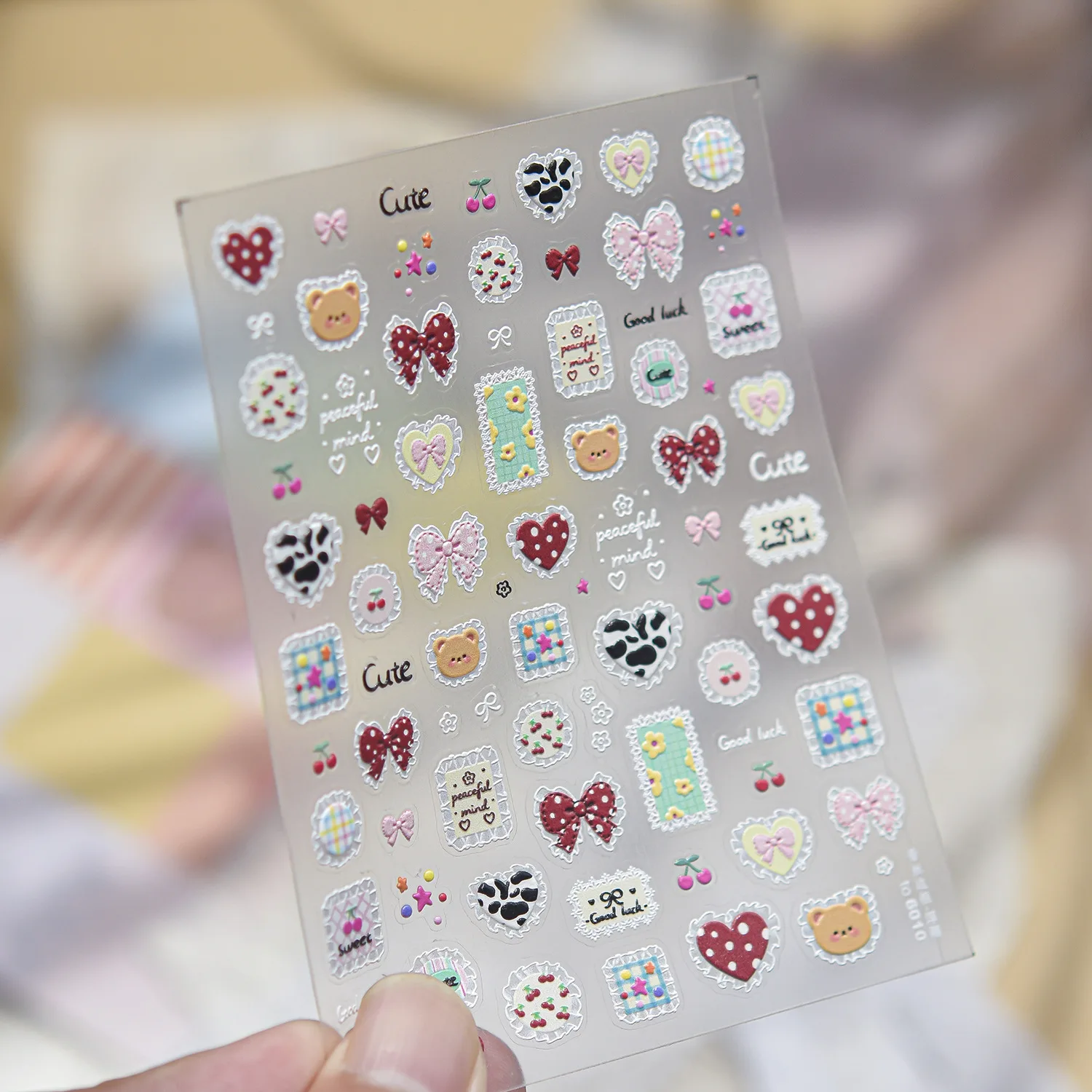 Kawaii Bowknot 5D Nail Decals Macaron Color Bow Dot Heart Bear Cow Pattern Block Floral Border Self adhesive Nail Art Stickers