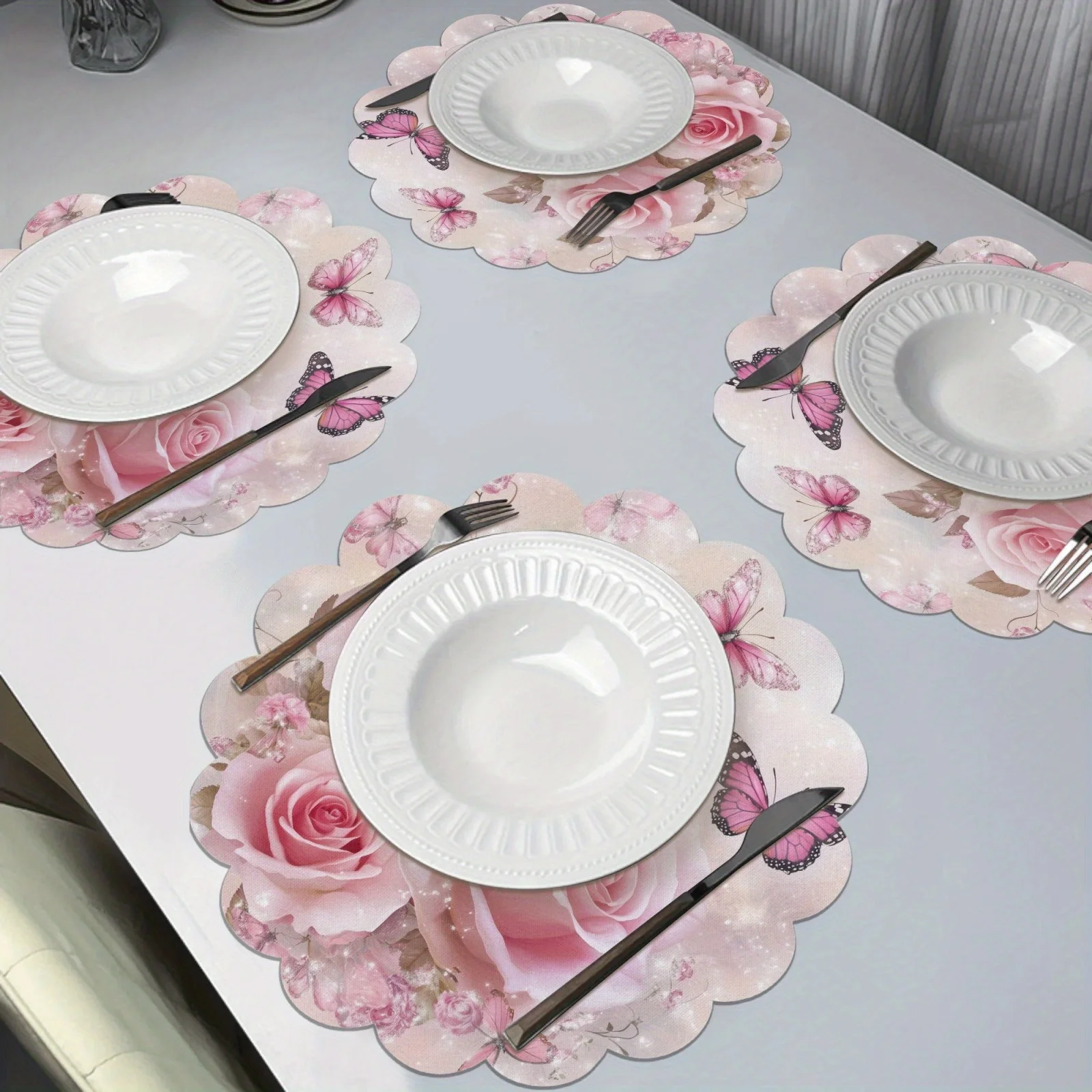 VIKAMA 4PC Pink Rose Butterfly Mat Anti scald Mat Home Dining Table Afternoon Tea Restaurant Decoration Warm and Romantic Style