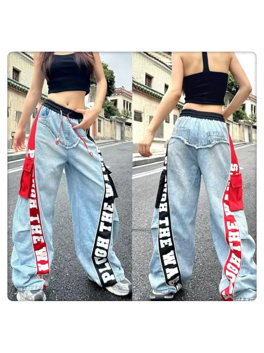 Heavyweight Denim Jeans Women's Spring 2026 New Style Red Black Letter Print Drawstring Large Pocket Trendy Loose Fit Blue