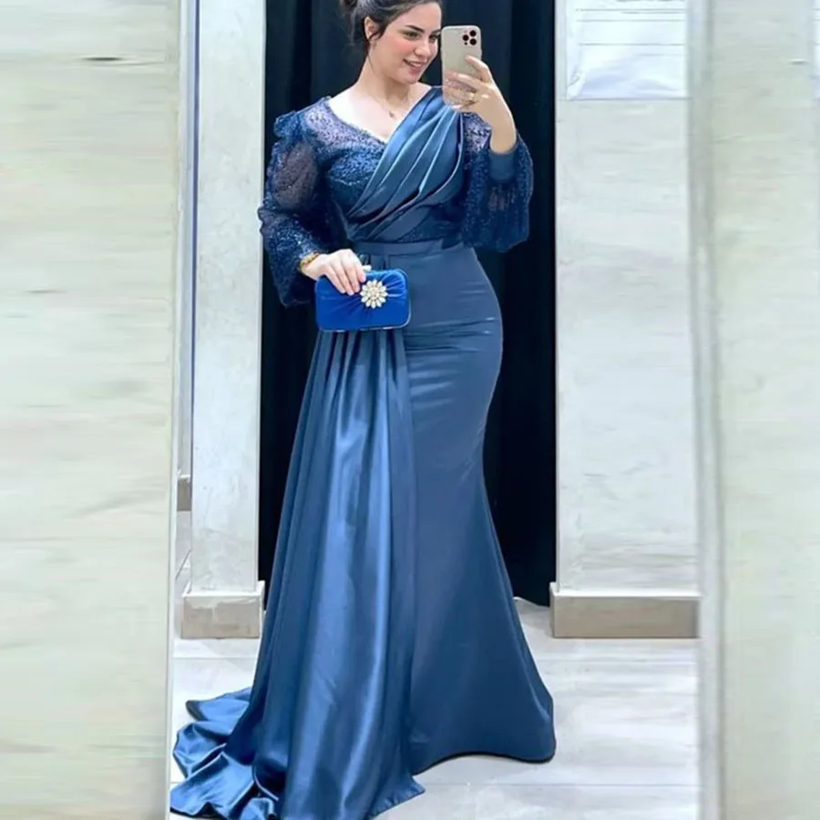 Abiti da ballo a sirena blu Navy Arabia saudita pizzo e raso Sweep Train abiti da sera abito da festa formale da donna Robe De Soiree