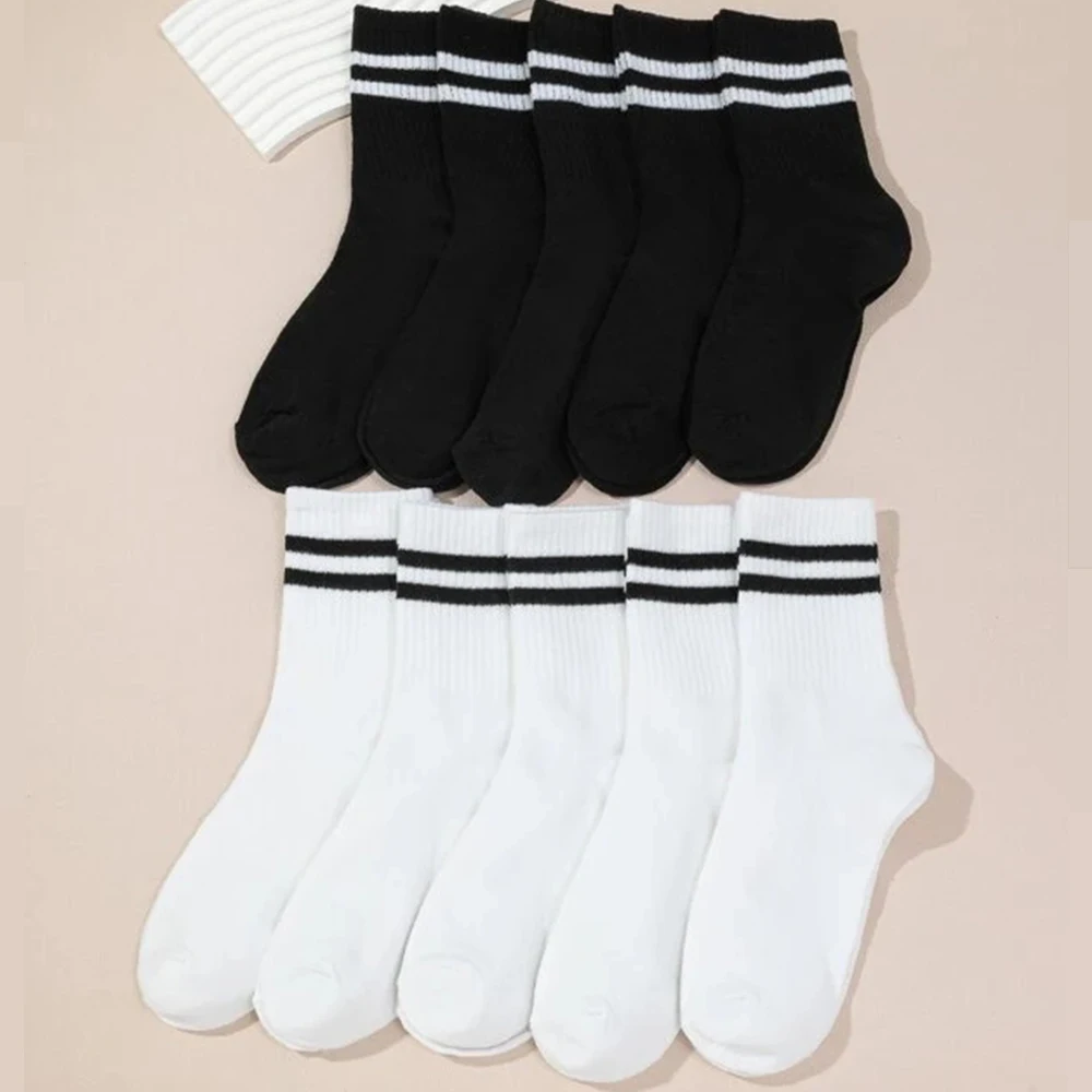 10 Pairs High Tube Mid Length Socks Set Women In Solid Black White Parallel Bars Popular Sweat Absorption Fashion Women\'s Socks