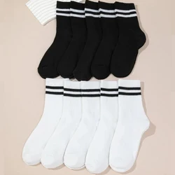 10 Pairs High Tube Mid Length Socks Set Women In Solid Black White Parallel Bars Popular Sweat Absorption Fashion Women's Socks