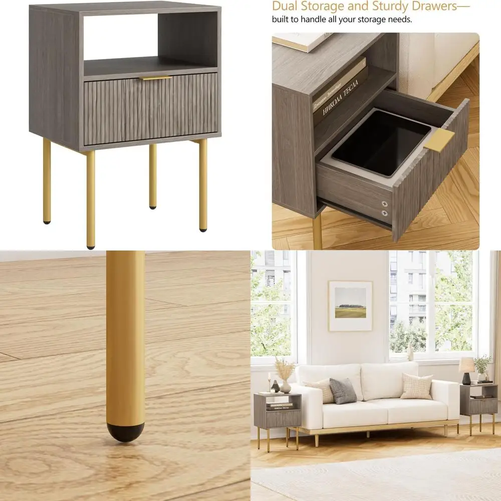 

Прикроватная тумбочка в стиле Mid-Century Modern с ящиком и полкой, акцентный столик с золотой рамкой для спальни/гостиной, серый