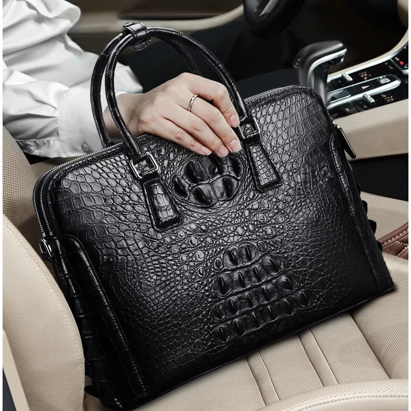 Men's double zipper briefcase Business fashion classic crocodile bone pattern, real crocodile skin, men's handbag, notebook bag