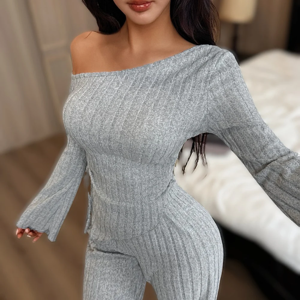 Women Pajamas Set Autumn And Winter Fashion Pajamas Sexy Off-Shoulder Irregular Long Sleeves Pants Loungewear Suit Women