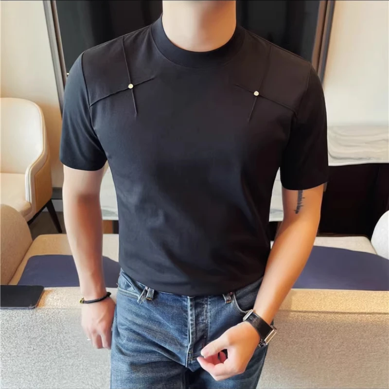 Summer Rivet Decoration T-shirts Men Short Sleeve Casual T-shirt Fashion Slim Fit Round Necked Breathable Streetwear Tee Tops