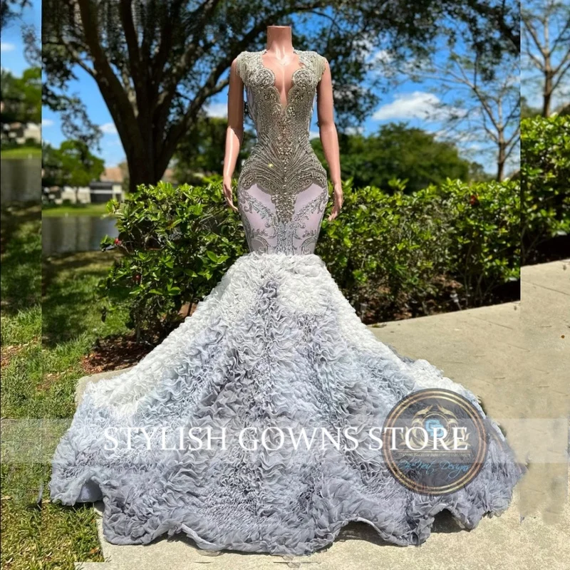 Customized African Silver Ruffles Prom Dress Rhinestones Long Mermaid Black Girls Birthday Dress Formal Party Gowns