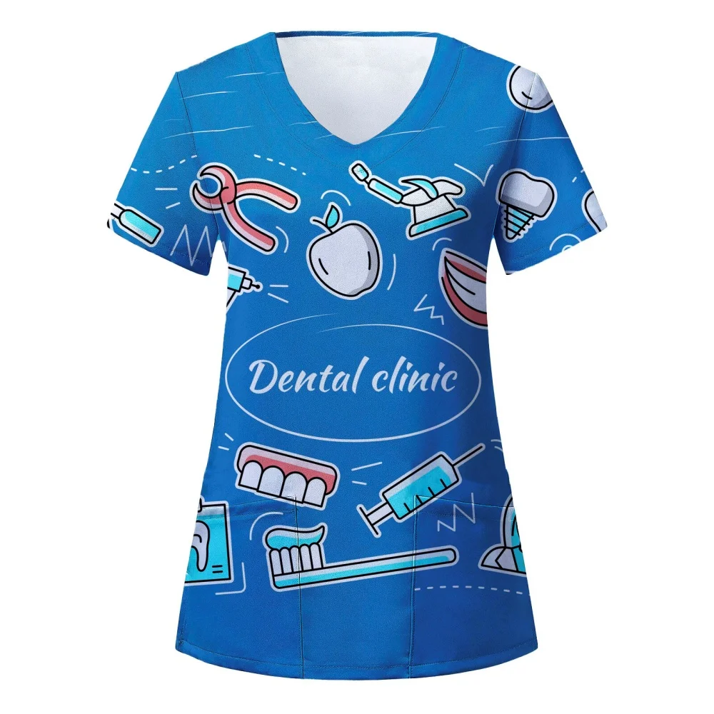 

Clinical Uniform Nurse Uniform Women Casual Dentist Print Short Sleeve V-neck T-shirt Loose Blouse Tops Uniforme Nursing