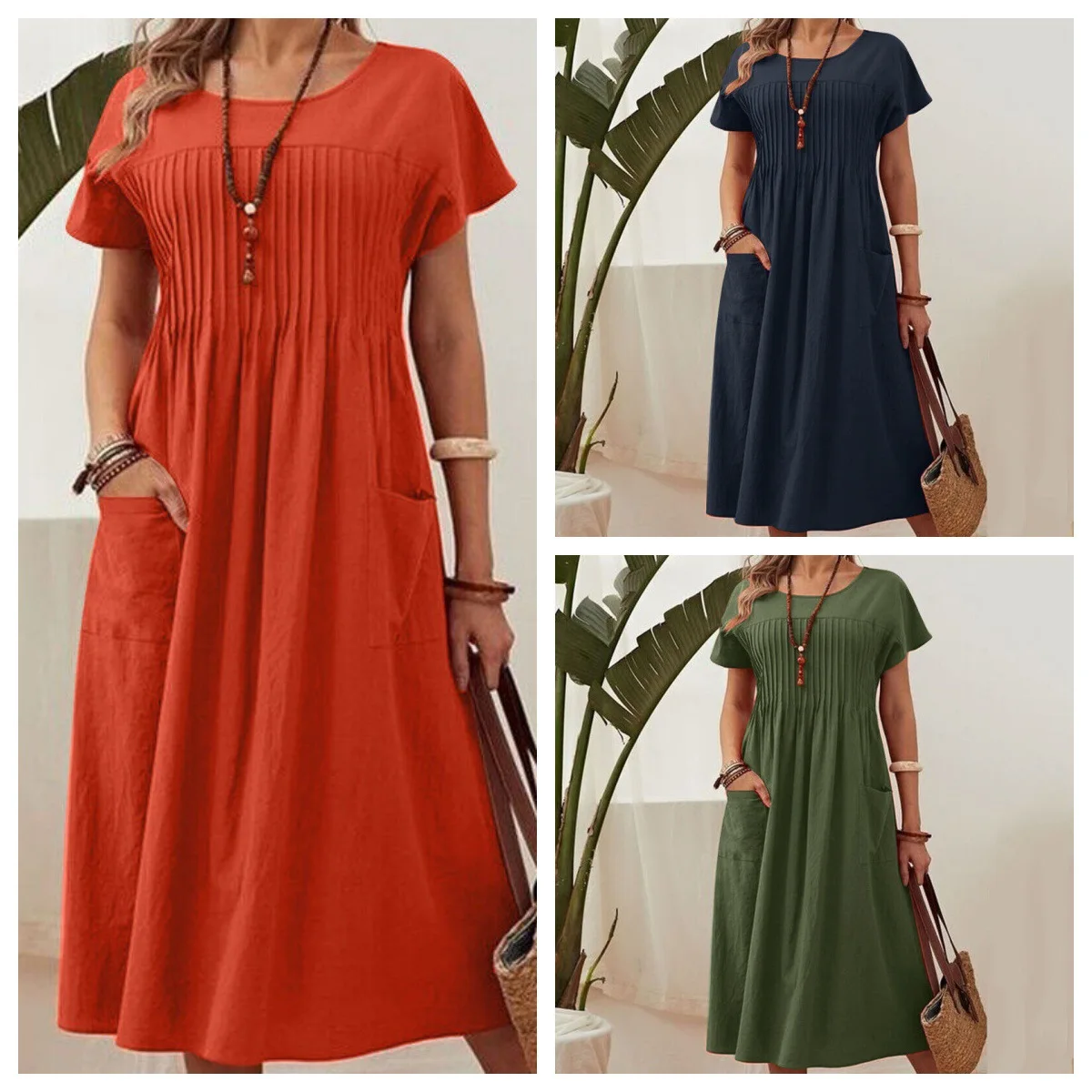 

2025 European And American Fashion Summer New Women's Dress Round Neck Pocket Pleated Short Sleeve Cotton And Linen Dress