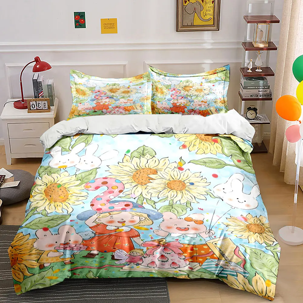 Fairy Tale World with rabbits and girl Pattern Duvet Cover Set Digital Print Colorful Polyester Bedding with Zipper Closur