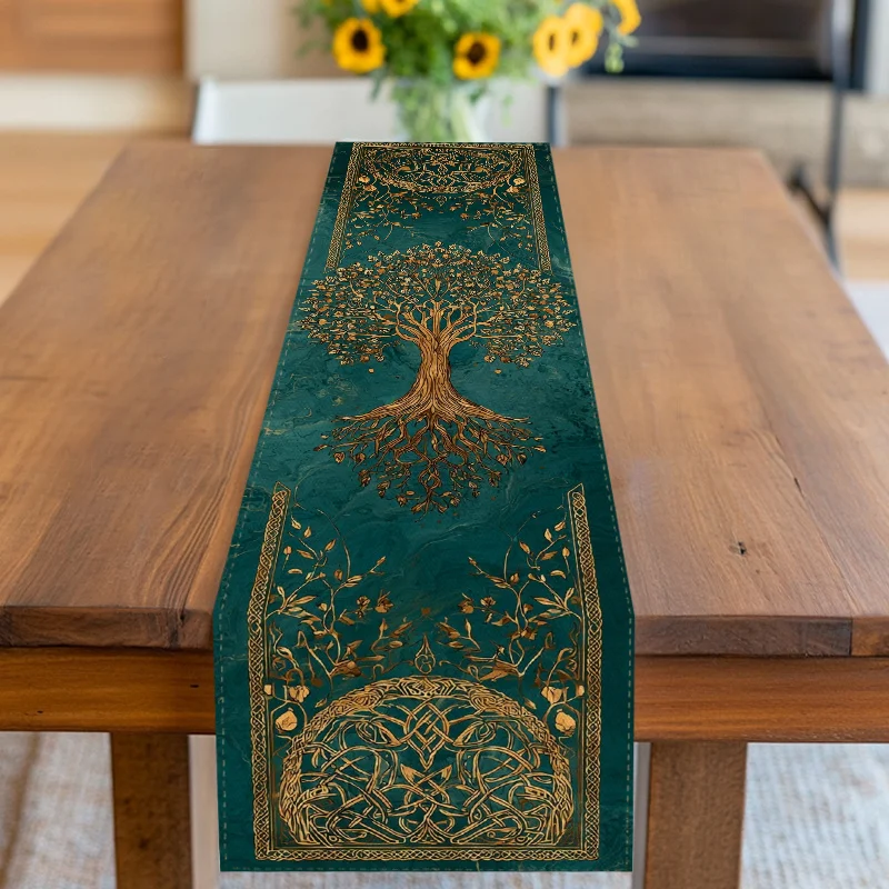 VIKAMA Tree Of Life Table Runner Celtic Knot Green And Gold Design For Nordic Ritual Party Dining Table Decoration