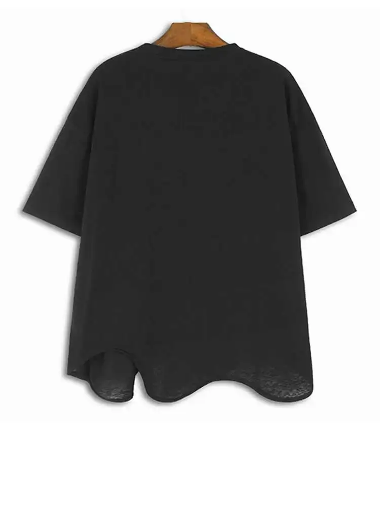 Women Black Brief Irregular Hem Casual T-shirt New Round Neck Short Sleeve Fashion Tide Spring Summer
