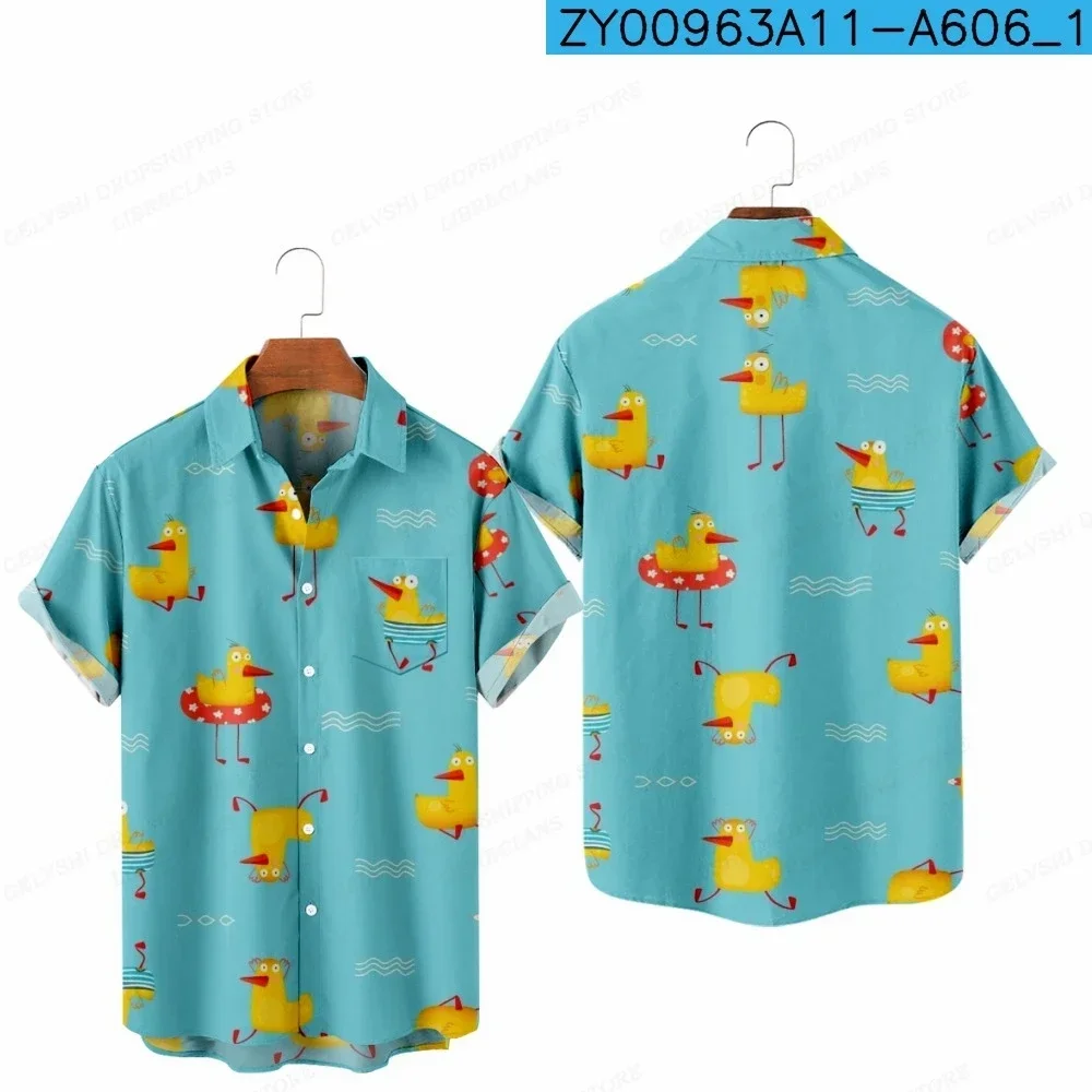 Hawaiian casual men's short-sleeved shirt with little yellow duck print fashionable lapel men's tops loose and comfortable men's