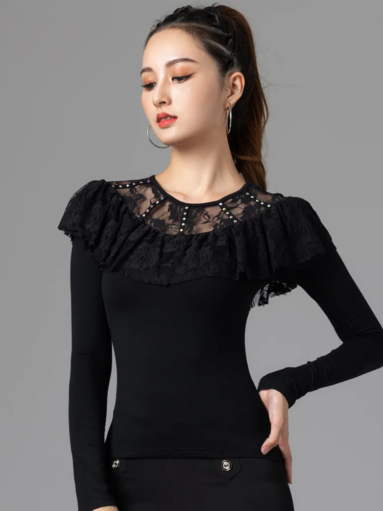 Latin dance Top Women Long Sleeve New Adult Lace Hot Drill Modern Dance Practice Clothing National Standard Dance Clothing