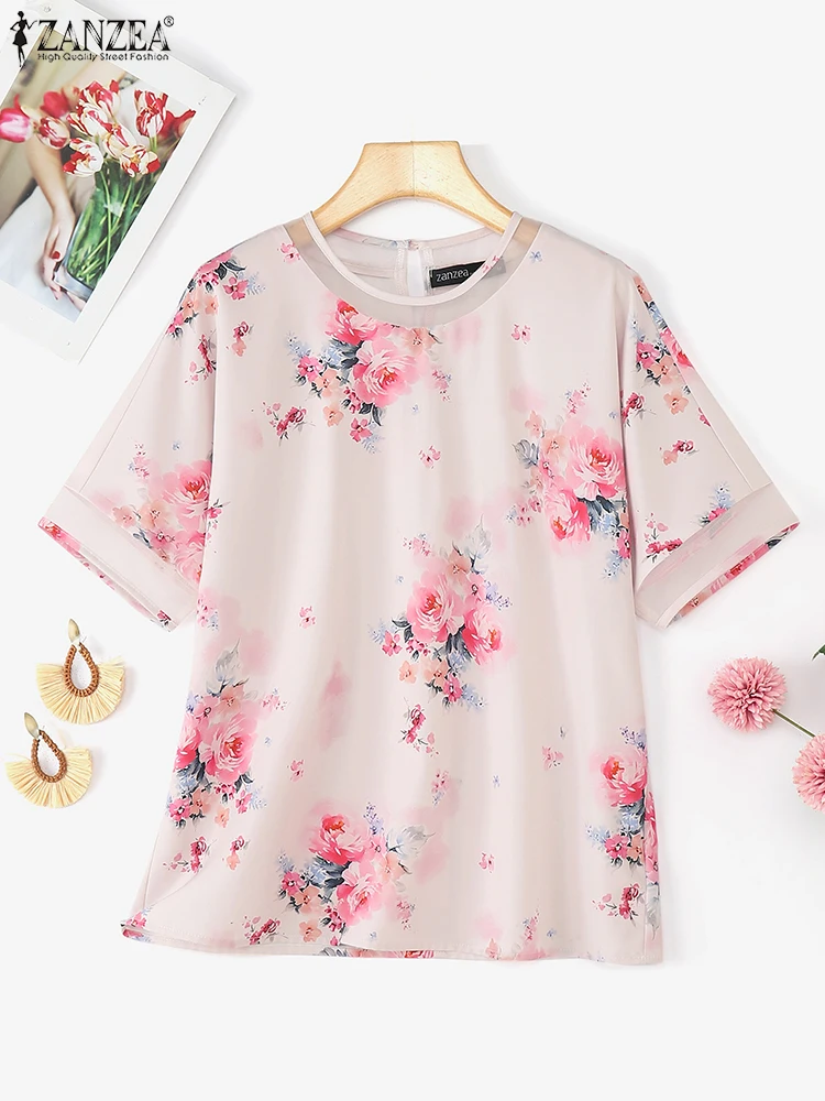 

ZANZEA Floral Print Mech Patchwork Women Blouses 2025 Summer O-Neck Short Sleeve Commuting Tops Elegant Everyday Casual Wear 3XL
