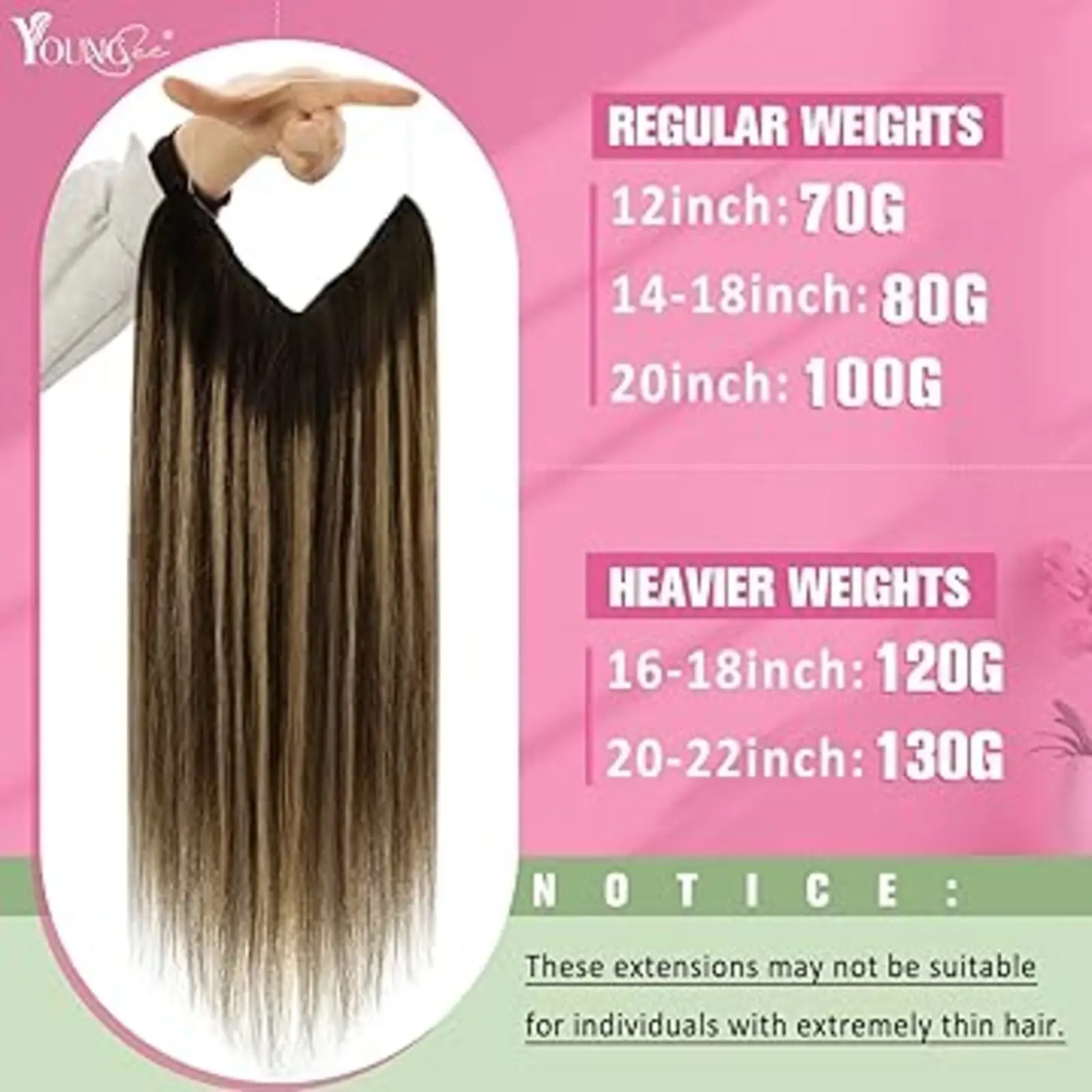 Extensiones de cabello de alambre YoungSee, pieza de cabello humano Real, cabello Natural liso y sedoso, Color marrón, 12-20 pulgadas