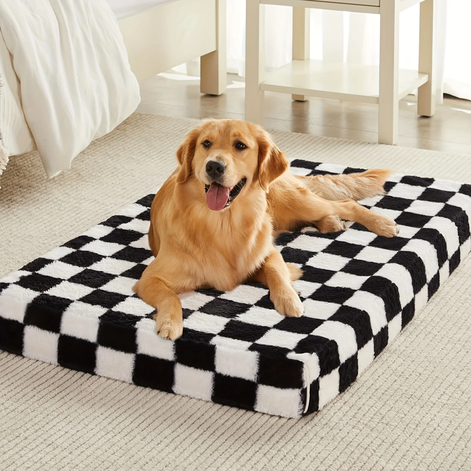 

XL Large Orthopedic Dog Bed, King Size Dog Bed with Removable Washable Cover, Non-Slip Bottom, Black And White Plaid Pattern Dog Crate Bed