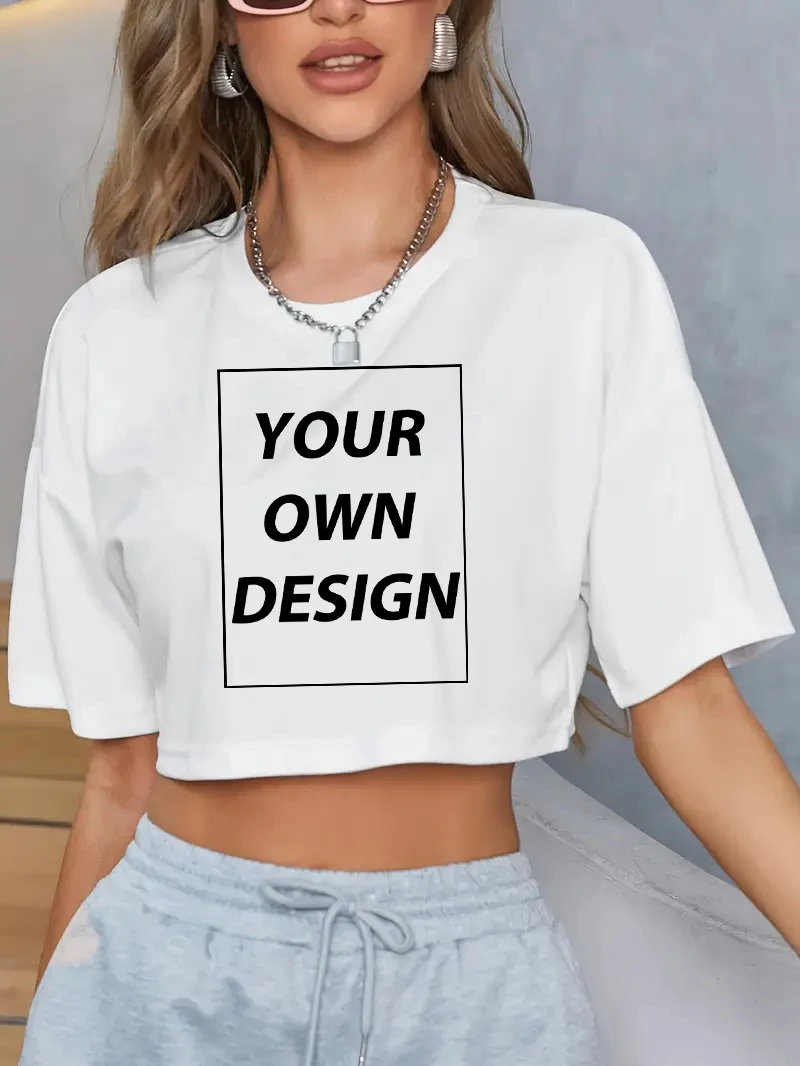 S-3XL Woman Personalized Custom Print Loose Cotton Crop Top Casual Fashion T Shirt Breathable Tee Y2K Navel Exposed Short Sleeve