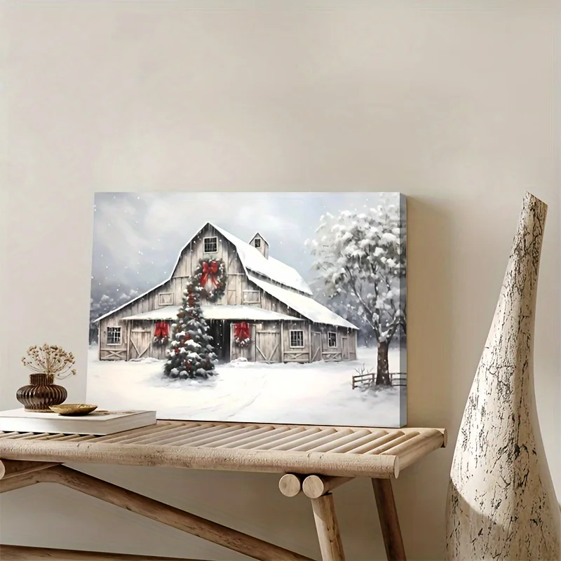 1PC ingelijste kerst canvas muur kunst kerst rustieke rode schuur poster slaapkamer woonkamer hal ideaal cadeau kamer decoratie