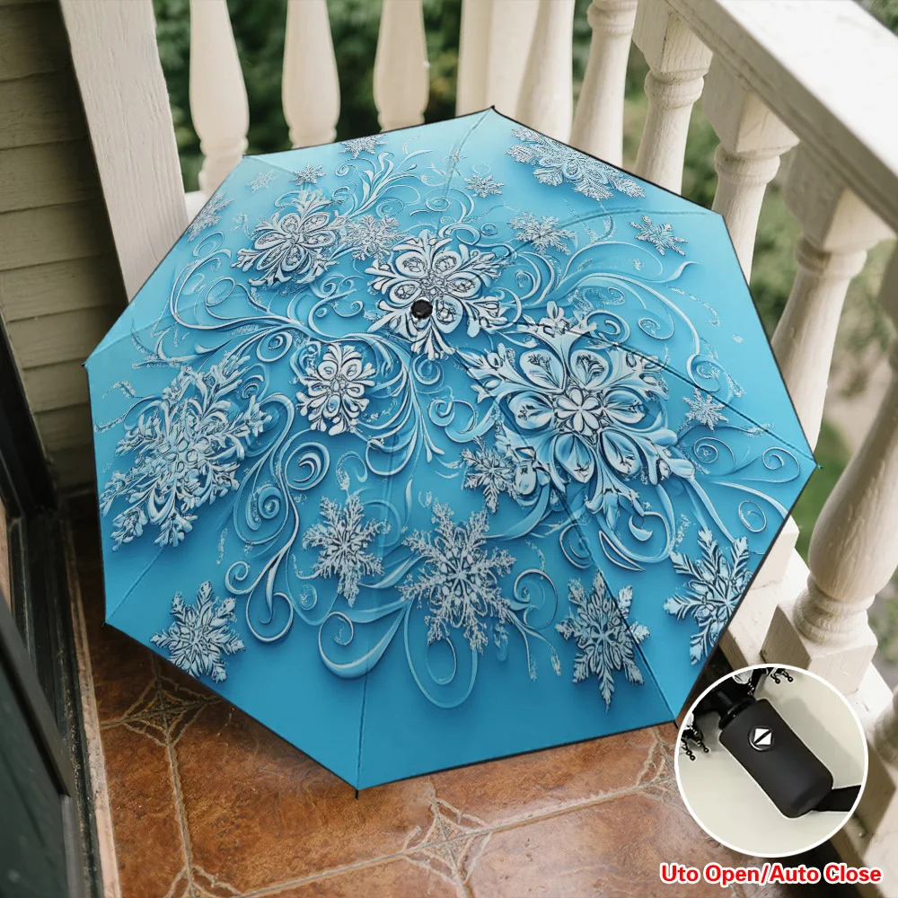 

1pc Winter Frosty Whirls Design Fashion Automatic Umbrella, Compact Folding Parasol for Women, Friends, Family – Lightweight 8