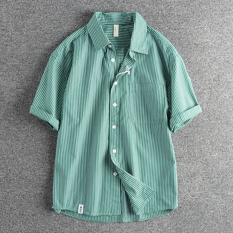 

2025 Summer New Japanese Retro Short Sleeve Lapel Thin Striped Cargo Shirt Men's Simple 80% Cotton Washed Casual Loose Blouses