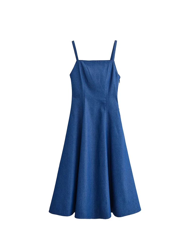 

Women Summer MIDI Strap Dress 2025 Fashion Solid Side Zipper Denim Female Elegant Street Dresses Clothing