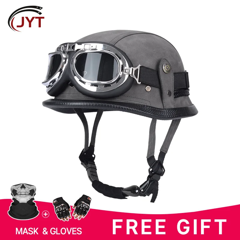 

Half Helmet Motorcycle Open Face Helmet with Goggles Quick Release Buckle DOT Approved German Style Retro Moto Helmet for Men