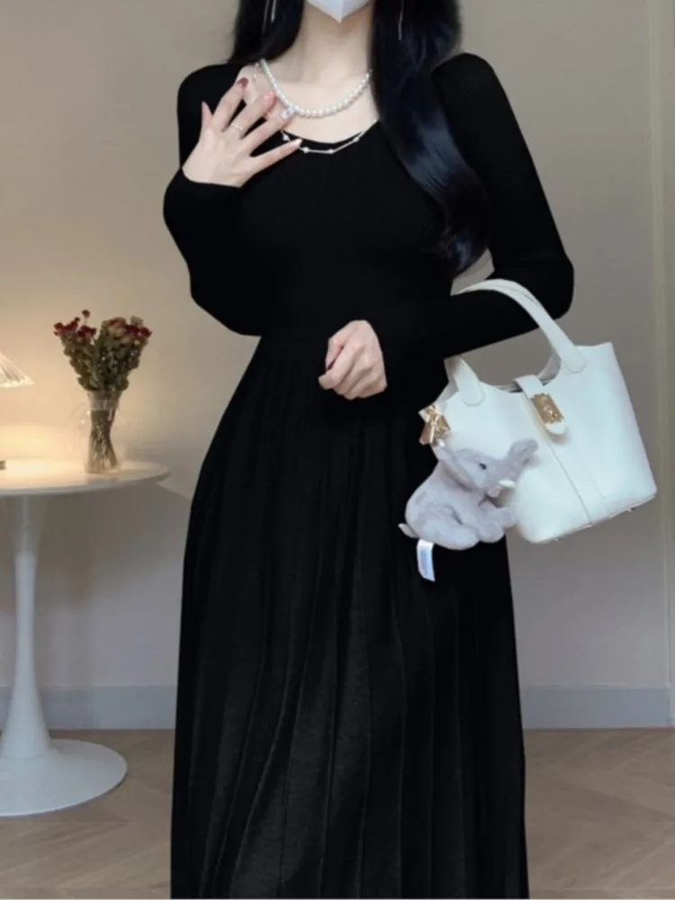 Elegant Casual Pleated Knitted Dress for Women Korean Autumn Slim A Line Sweater Dresses Long Sleeve One Piece Female Clothes