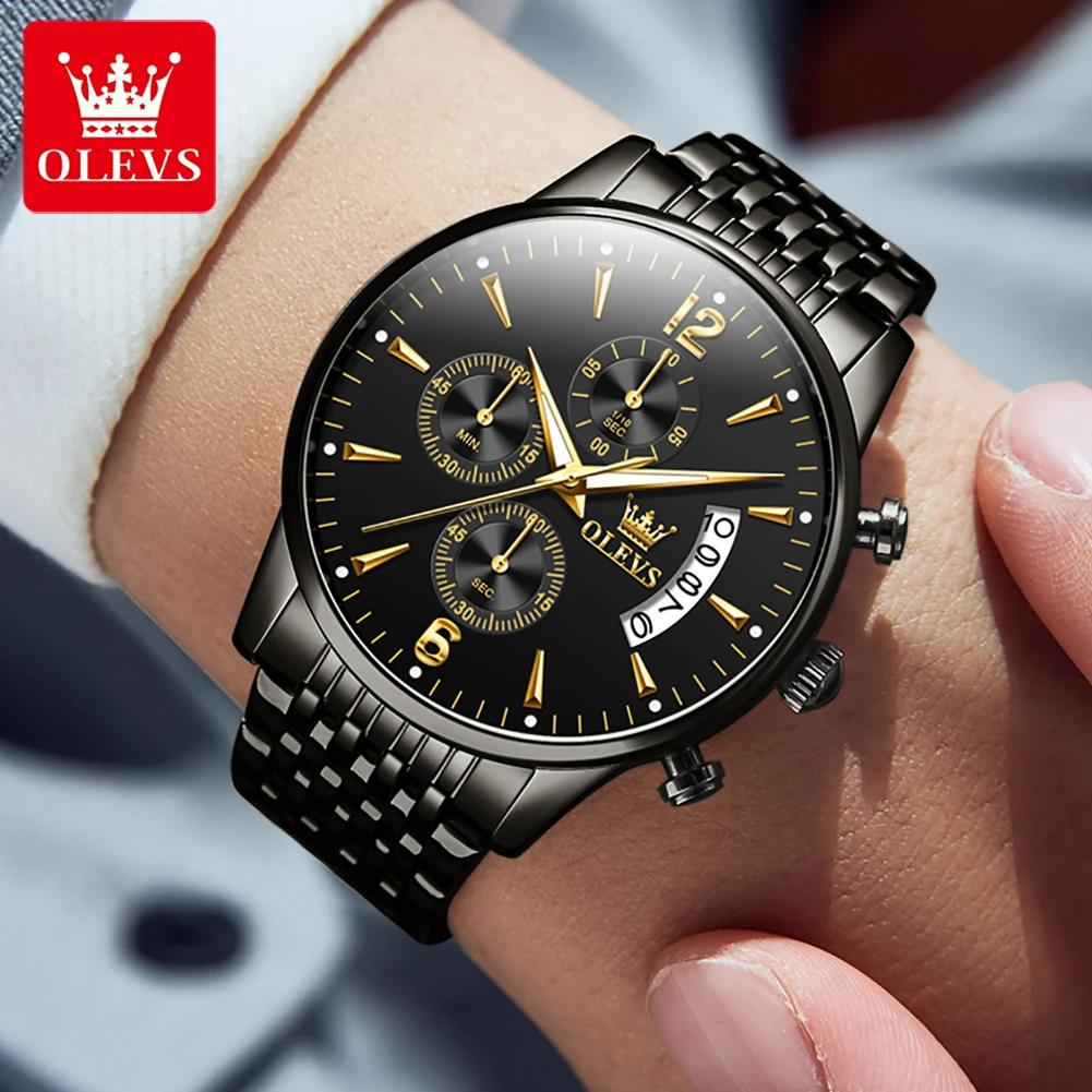 Olevs 2867 Luxe Quartz Horloge Voor Heren Roestvrij Staal Waterdicht Lichtgevende Chronograaf Auto Date Multifunctioneel Heren Polshorloge