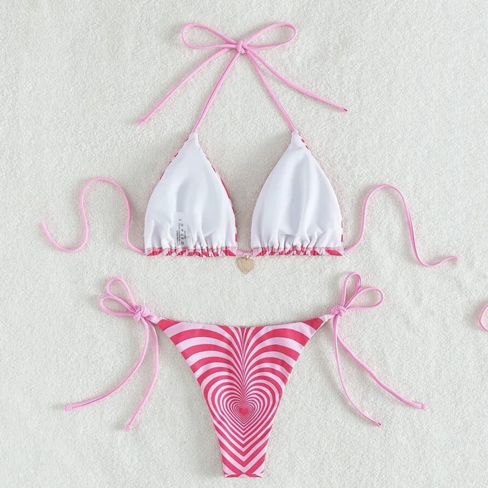 Bikini Set Sexy Pink Heart Striped Micro Thong String Halter Swimsuit Women Swimwear Bathing Suit Mini Triangle Bikini Mujer