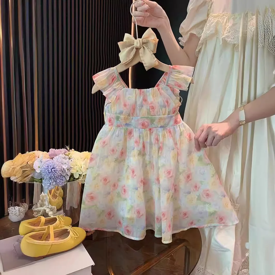 Kids Girls Floral Sleeveless Vest Dress Bowknot 2024 Children Summer Chiffon Baby Girl Princess Dresses