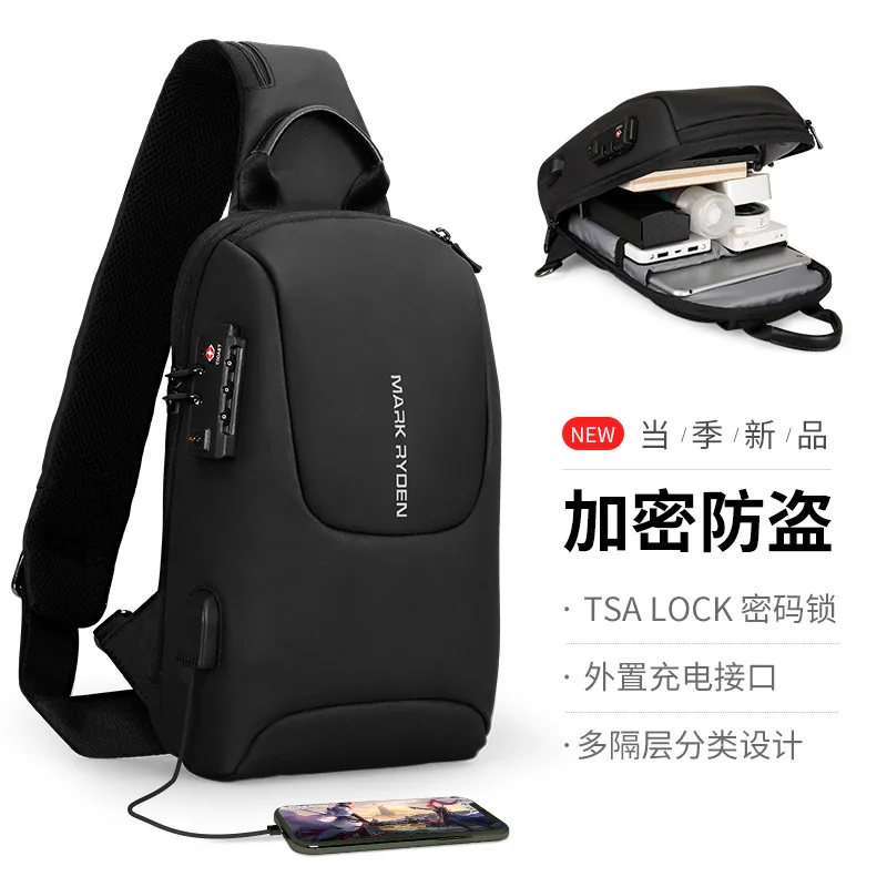 TSA anti-theft single-shoulder bag, usb charging men's chest bag, Oxford cloth business waterproof crossbody bag