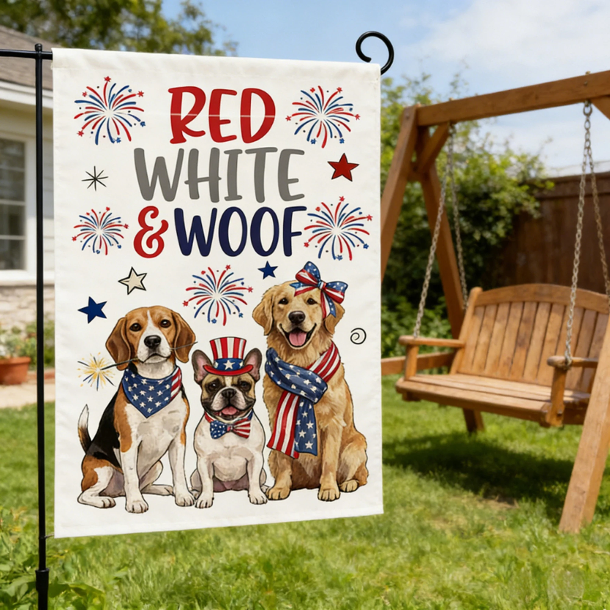 4th of July Yard Flags Red White and Blue Flower Dog Patriotic Garden Flag for Lawn Outdoor Holiday Decorations