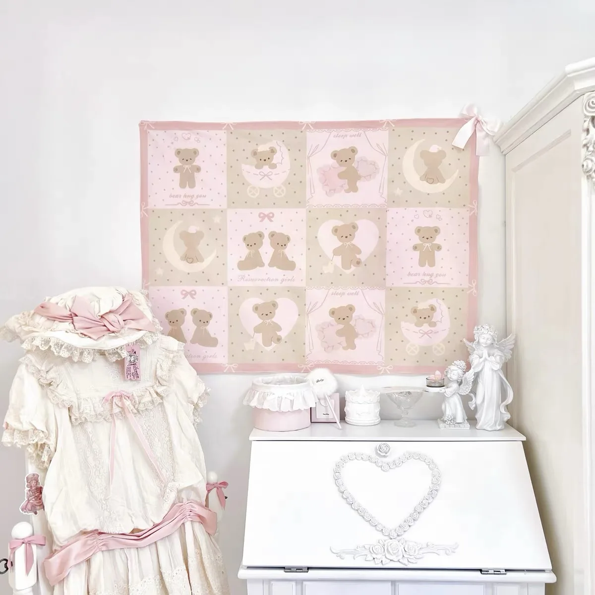 INS Cute Bear Hanging Cloth, Cartoon Pink Tapestry
