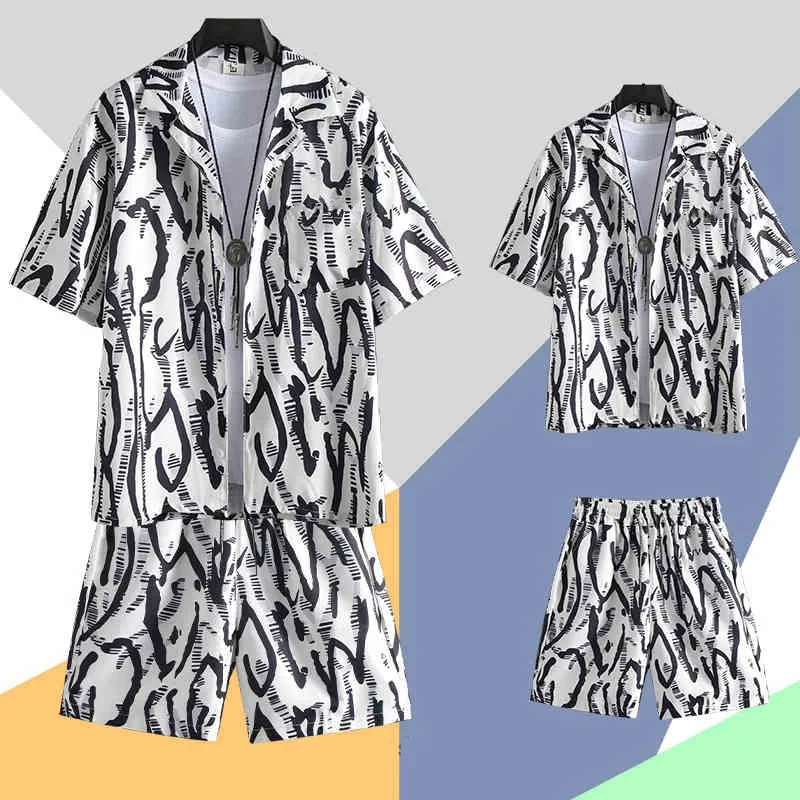 

Seaside style Print Men Fashion Hawaiian Shirt Suit Short-sleeved Harajuku Beach Shirts Lapel Buttons Blouse Men's Clothing