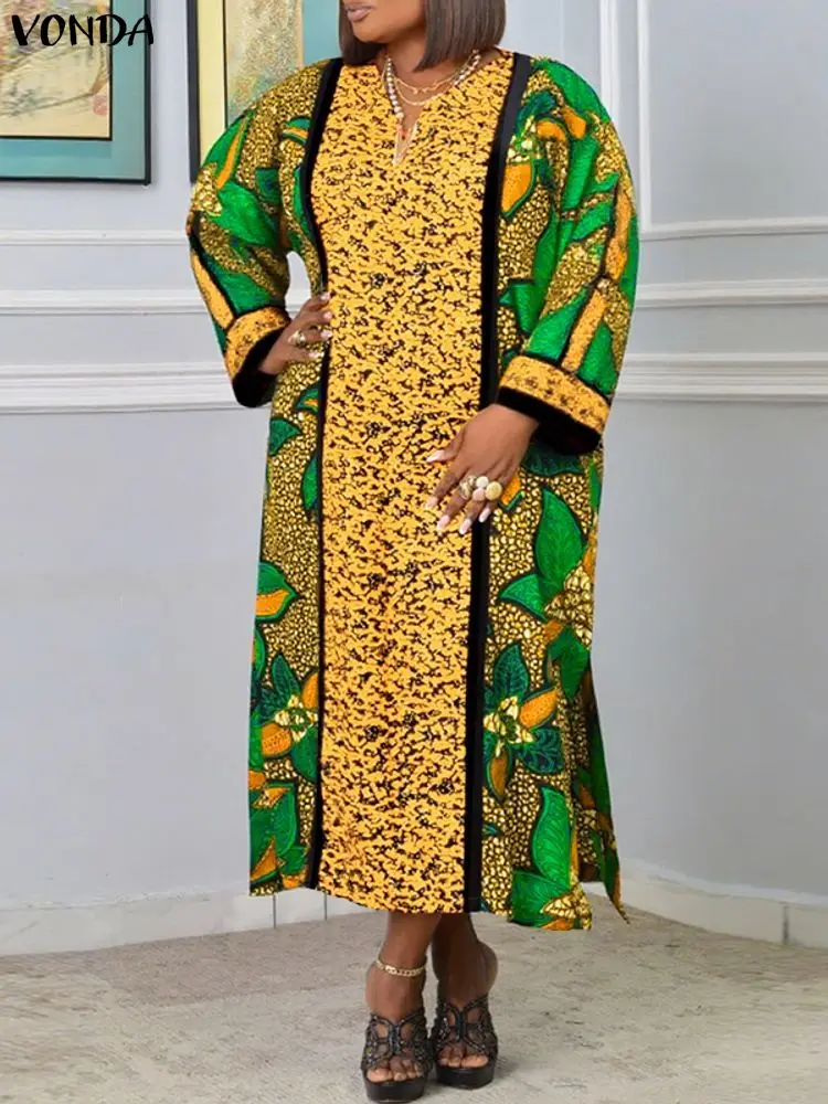 Plus Size 5XL VONDA Bohemian Floral Print Long Dress Women's V-Neck Long Sleeve Maxi Vestidos Vintage Casual Loose Sundress Robe