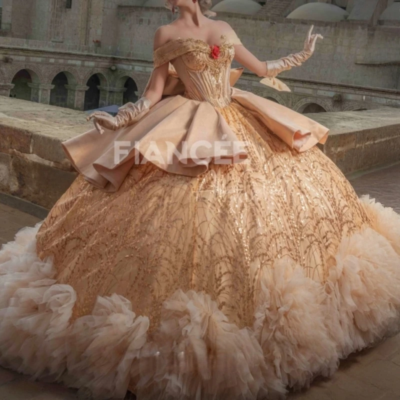 

Champagne Shiny Quinceanera Dresses Ball Gown Off The Shoulder Beading Crystal Tiered Tull Bow Party Birthday Sweet 16 Dress
