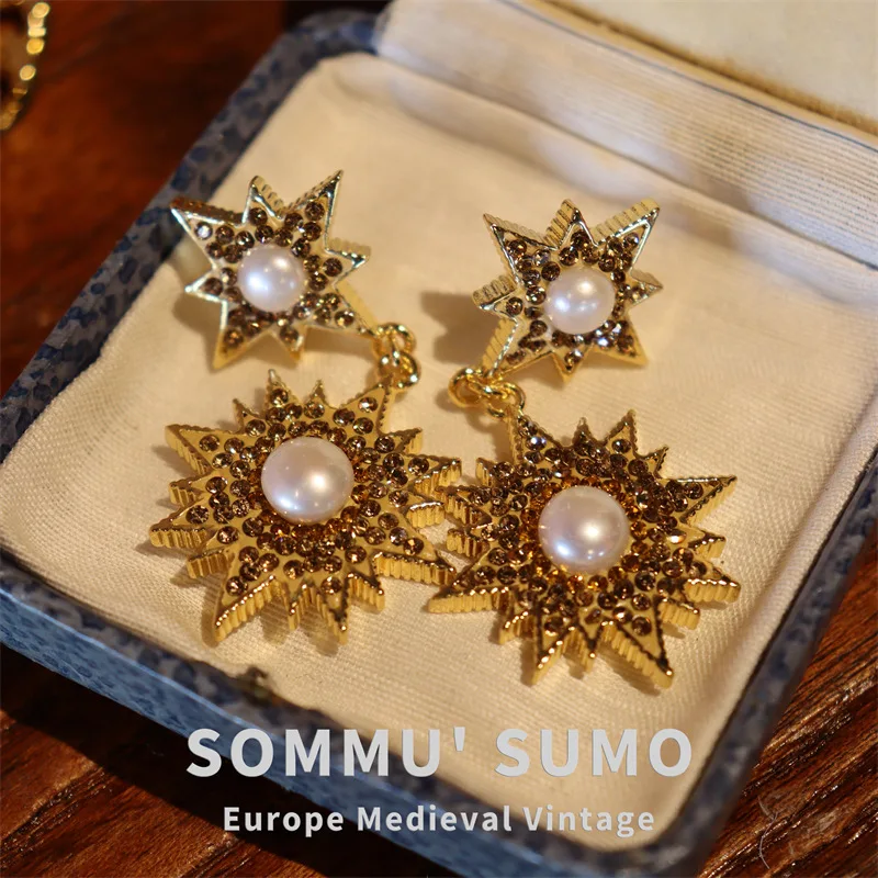 

Diamond Five-Pointed Star Natural Pearl Earrings 2024 New Special-Interest Design High Sense Earrings Ear Studs