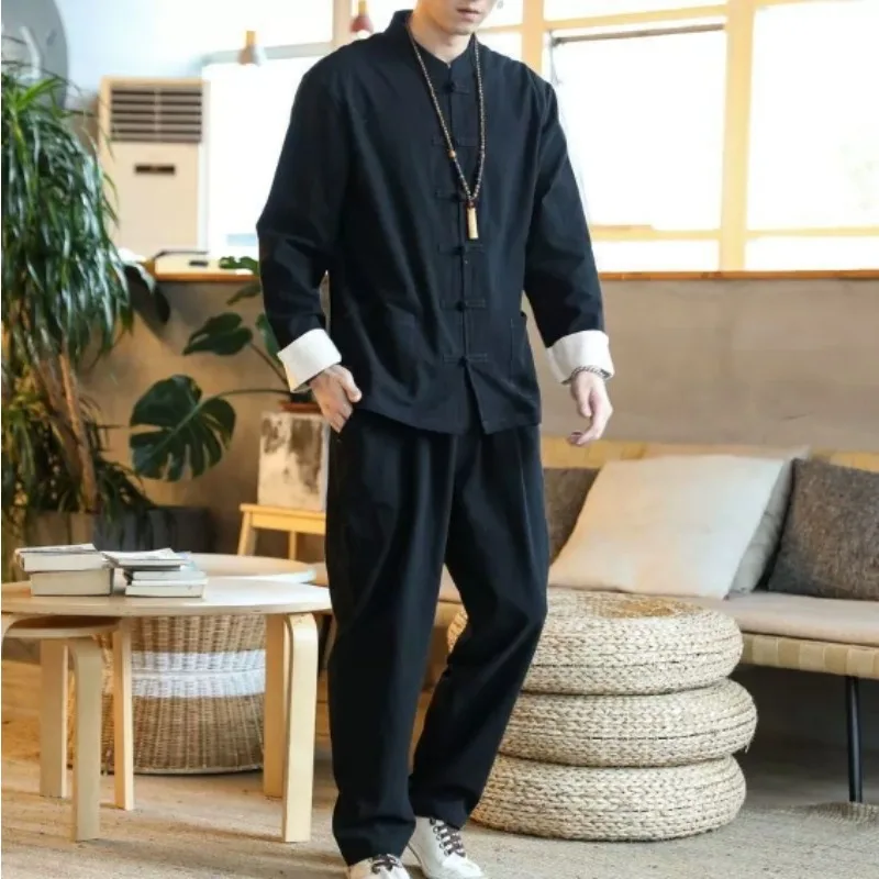 3 قطعة بدلة تانغ الصينية التقليدية الذكور الكونغ فو موحدة الرجعية عادية القطن الكتان حجم كبير مجموعة ملابس تاي تشي للرجل