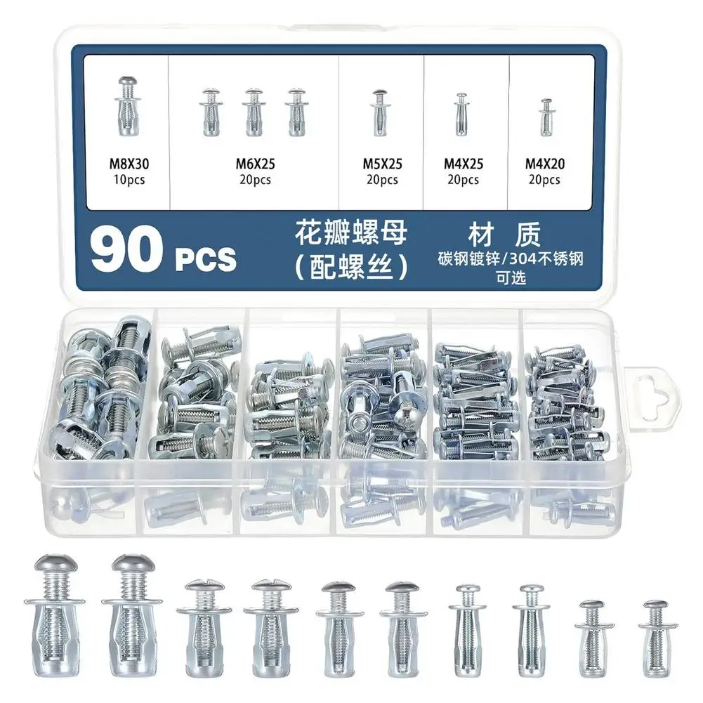 48/90PCS Jack Nuts Petal Nuts, Expansion Screw Petal Nut, Thins Fixings Dowels with Screws for Tin, Billboard, Cardboard.