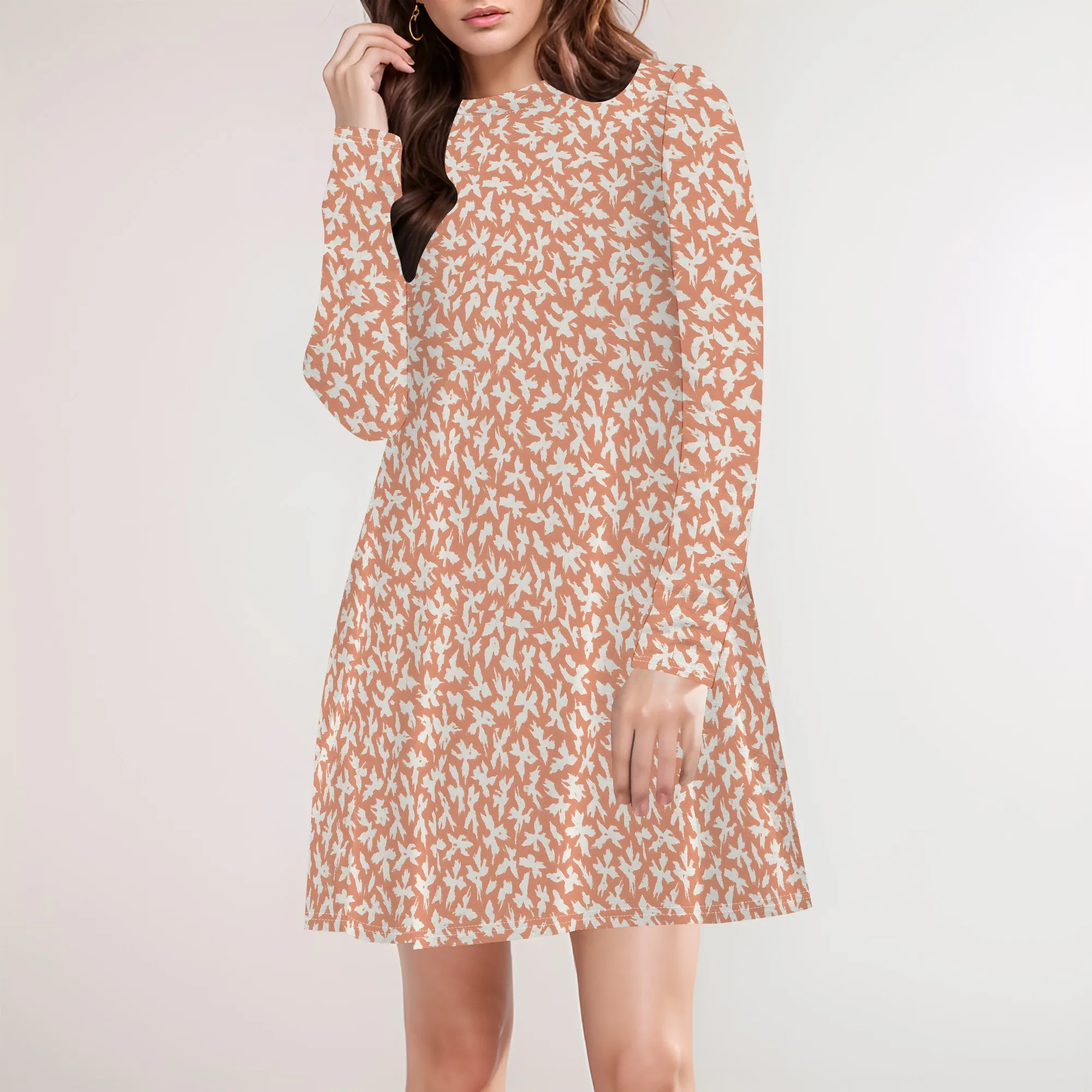 ชุดสตรีฤดูใบไม้ผลิฤดูร้อน 2025 แขนยาวลายดอกไม้ Boho Flowy Babydoll Shift Mini Dress