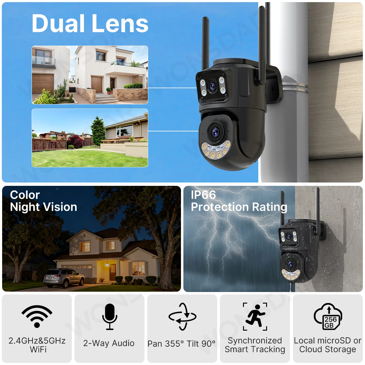 كاميرا WONSDAR 2.4 جيجا هرتز و5 جيجا هرتز واي فاي PTZ عدسة مزدوجة شاشة مزدوجة حماية أمنية كاميرا IP رؤية ليلية ذكية تتبع تلقائي iCSee
