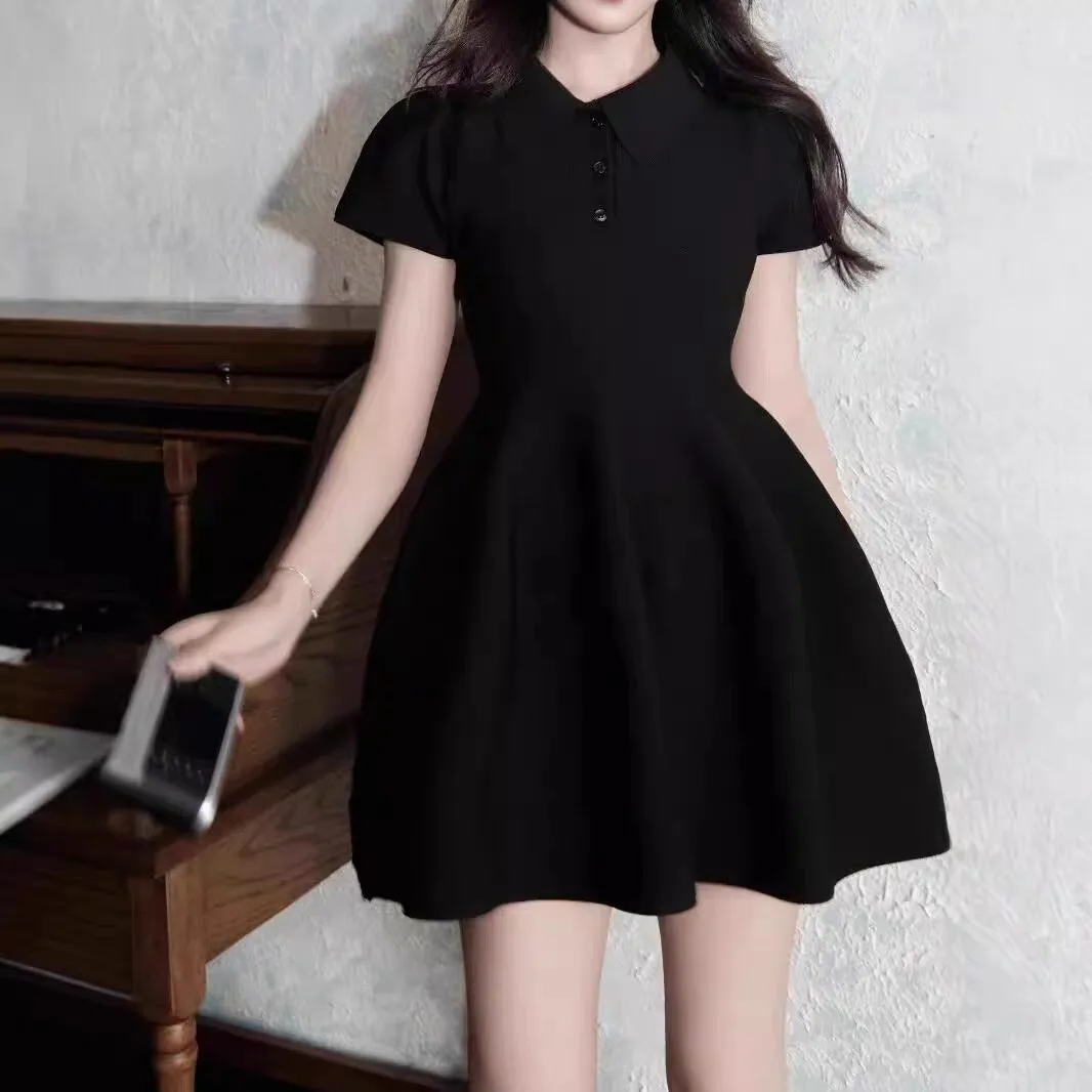 여름 새 셔츠 칼라 탄성 인형 틈새 패션 허리 슬리밍 a 라인 짧은 치마 점프 슈트